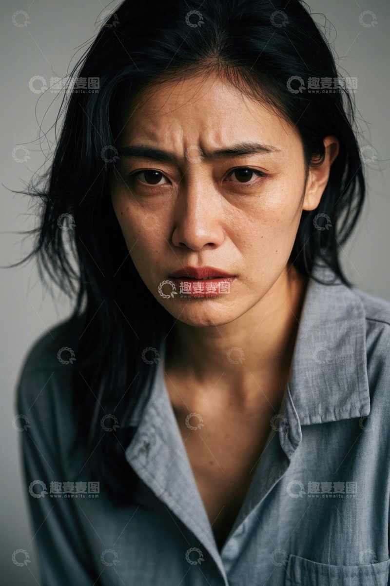 高清大图下载【趣麦麦图】忧郁女子肖像特写灰蓝色衬衫