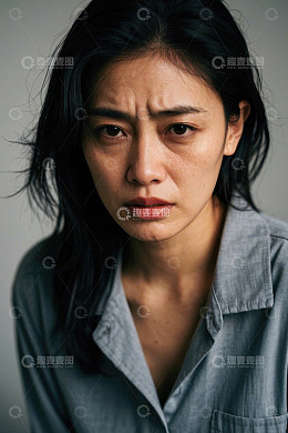 忧郁女子肖像特写灰蓝色衬衫