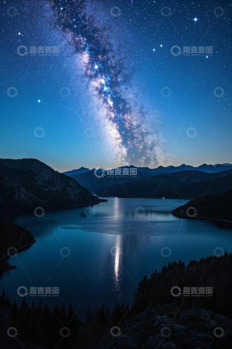 高清大图下载【趣麦麦图】湖泊山林间的星空夜景