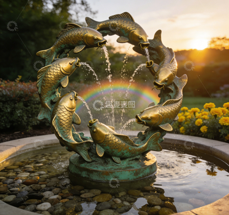 高清大图下载【趣麦麦图】花园锦鲤喷泉景观