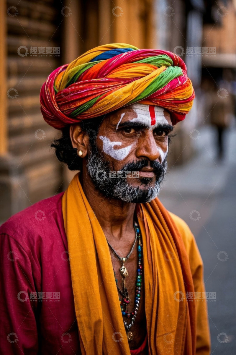 高清大图下载【趣麦麦图】印度老人肖像，色彩鲜艳的服饰