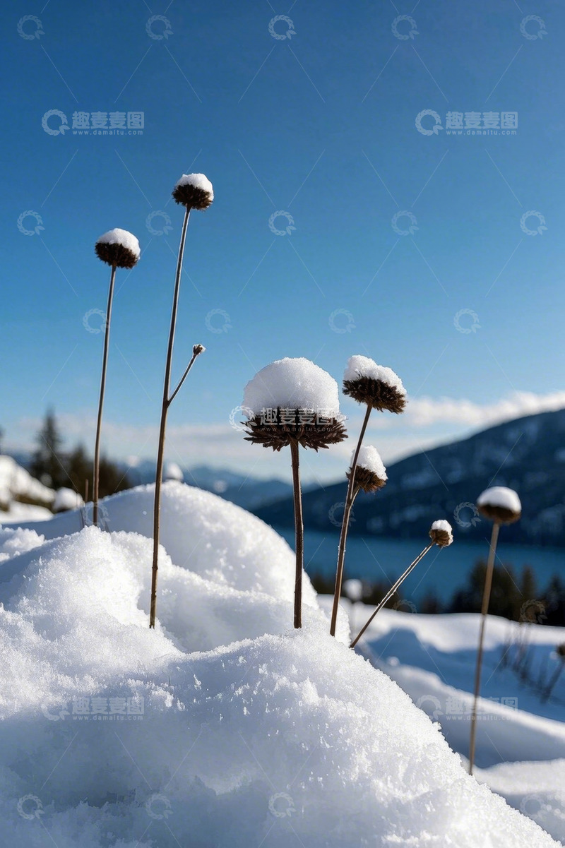 高清大图下载【趣麦麦图】雪后户外植物与远山景观