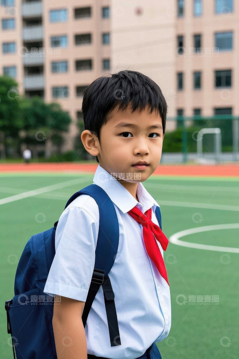 高清大图下载【趣麦麦图】小学生背书包站在操场上