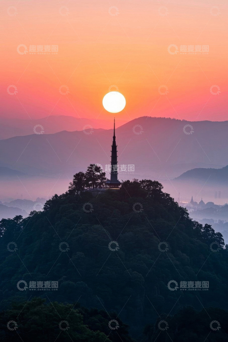 高清大图下载【趣麦麦图】山顶古塔日出景象