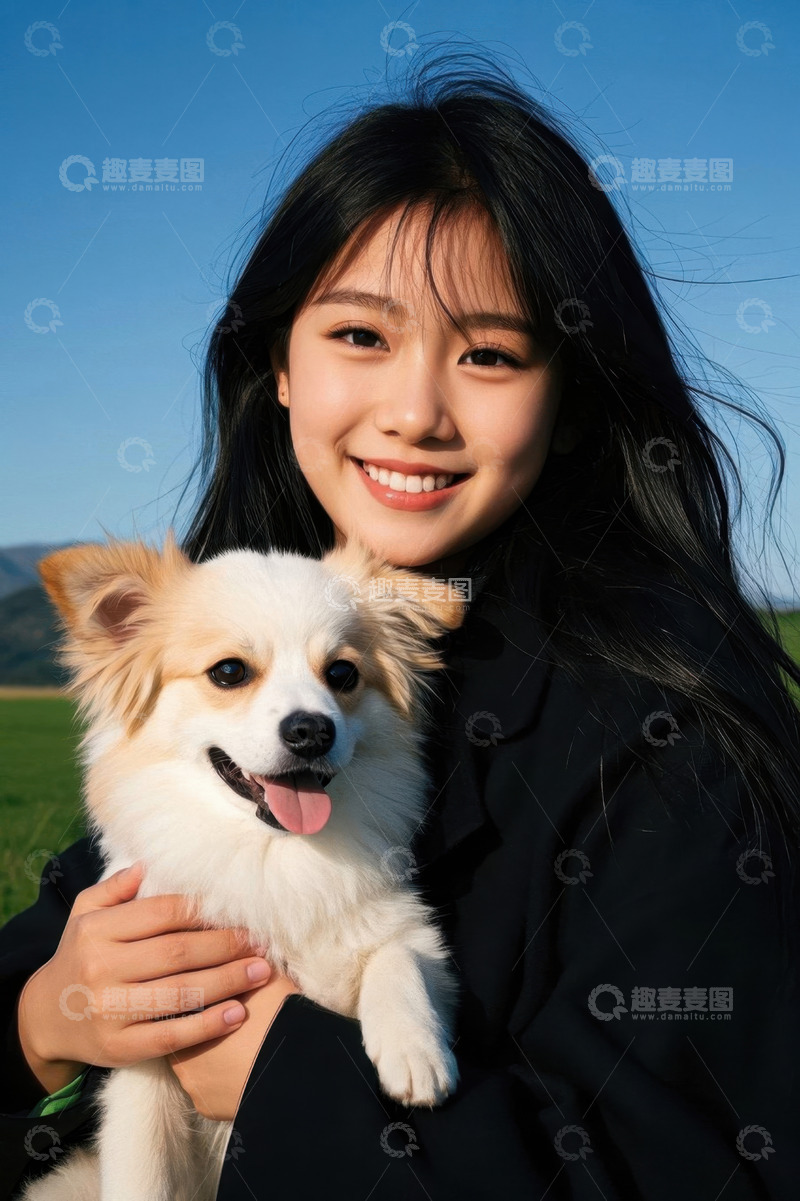 高清大图下载【趣麦麦图】女孩怀抱小狗笑容灿烂