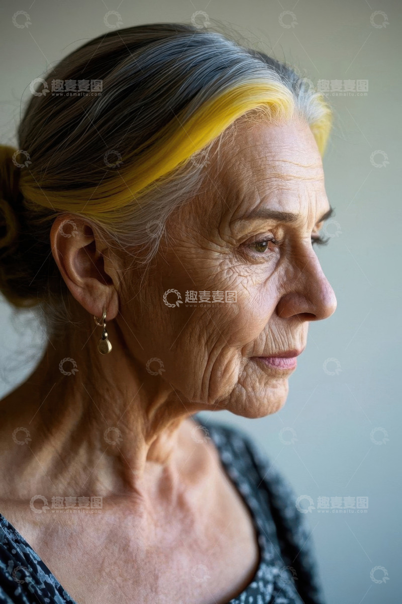 高清大图下载【趣麦麦图】优雅老年女子侧颜照灰白黄发
