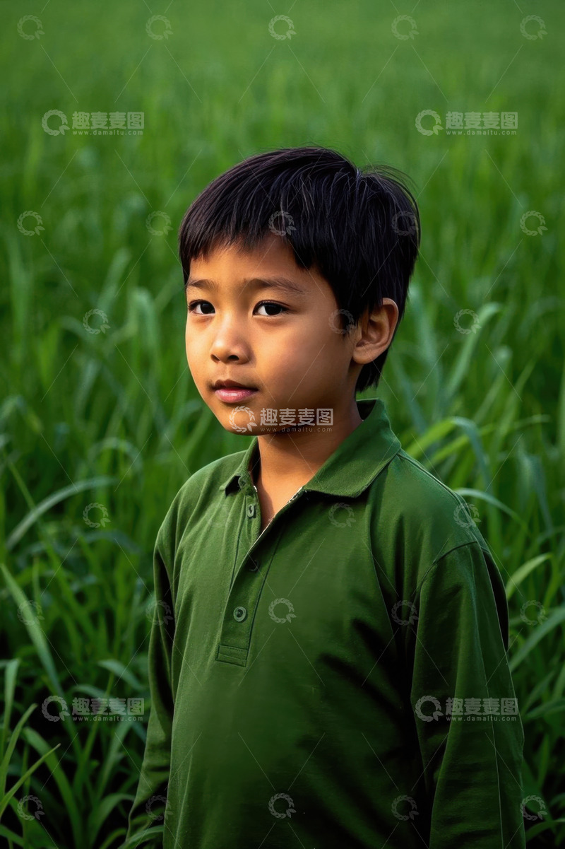 高清大图下载【趣麦麦图】稻田里穿着绿色衬衫的男孩