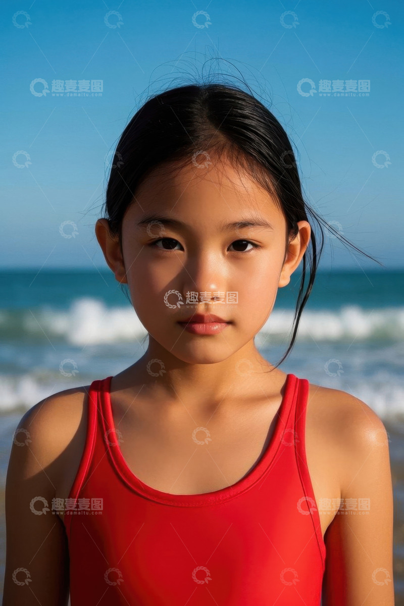 高清大图下载【趣麦麦图】女孩海边穿着红色泳衣