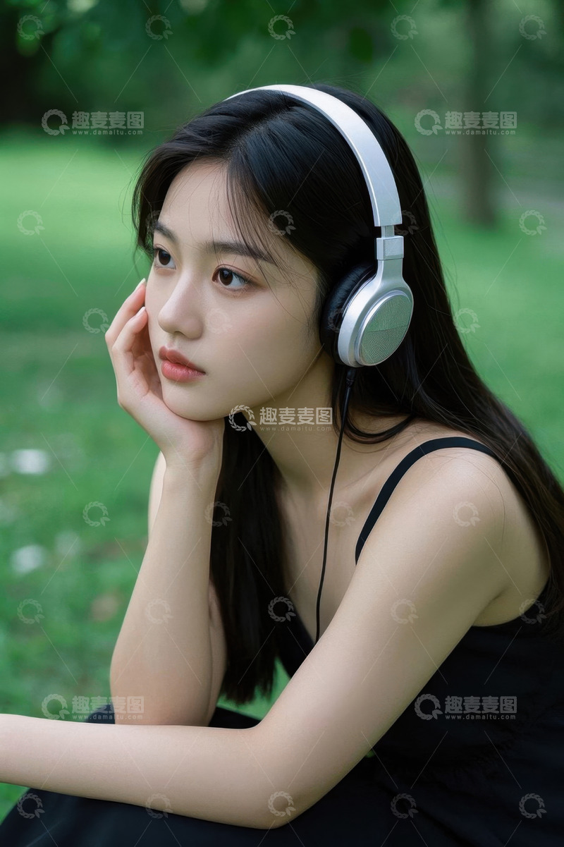 高清大图下载【趣麦麦图】公园里戴耳机沉思的少女
