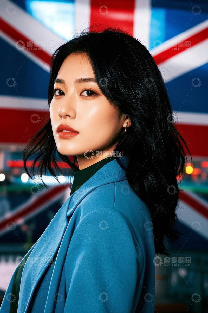 高清大图下载【趣麦麦图】时尚蓝衣女子英伦背景写真