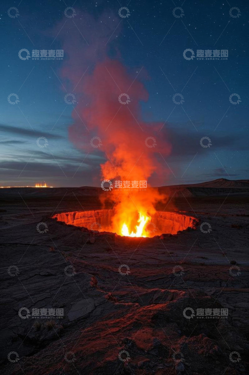 高清大图下载【趣麦麦图】夜晚荒野中的火山喷发景象