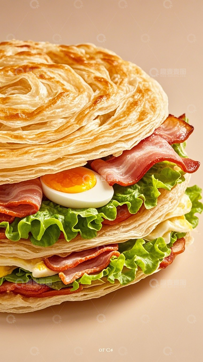 高清大图下载【趣麦麦图】美味千层饼夹培根鸡蛋生菜汉堡