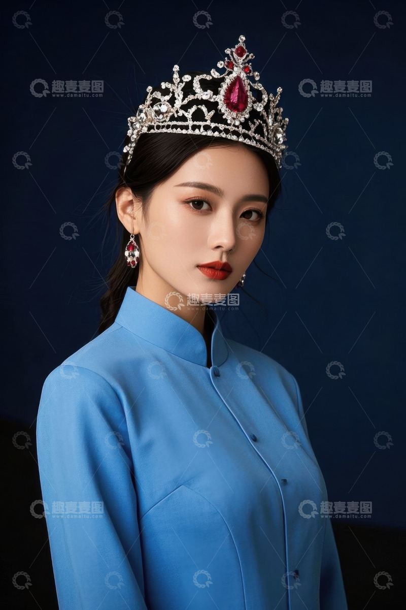 高清大图下载【趣麦麦图】蓝衣女子戴皇冠优雅写真