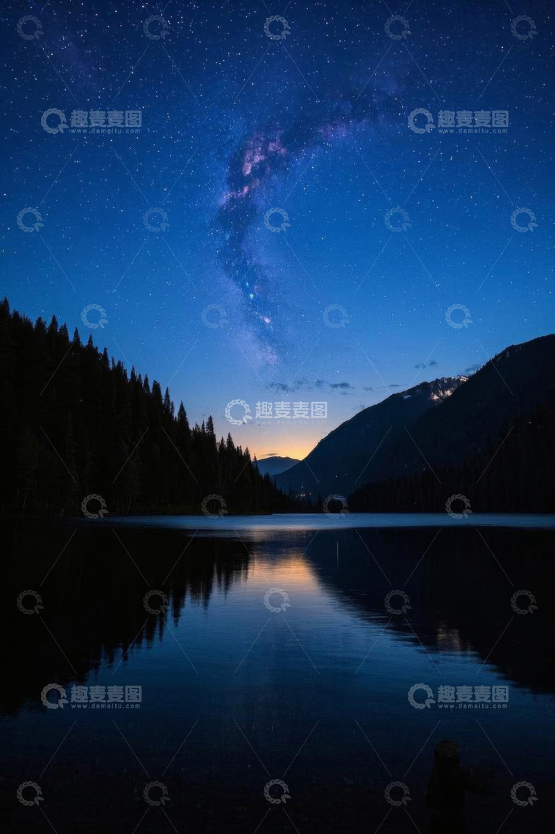 高清大图下载【趣麦麦图】森林湖畔星空夜景