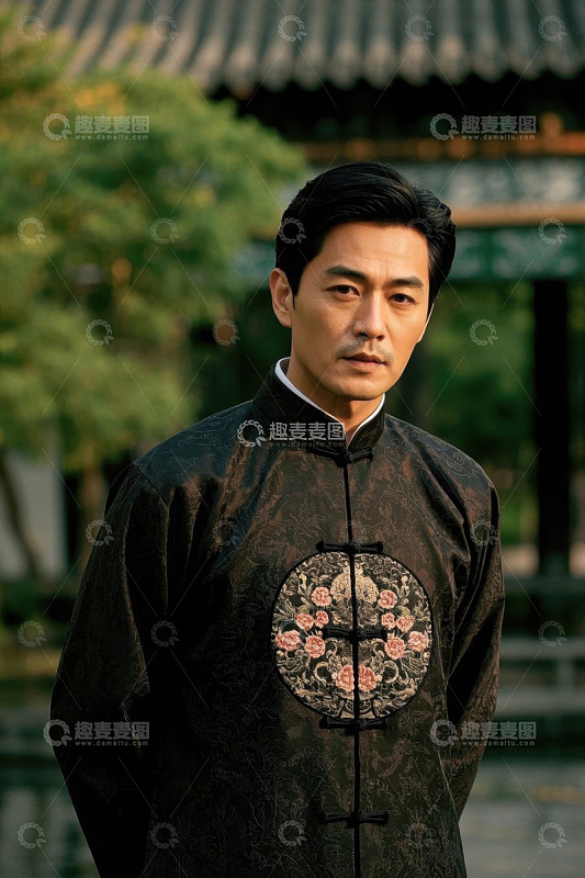 中式服装男子凝视远方