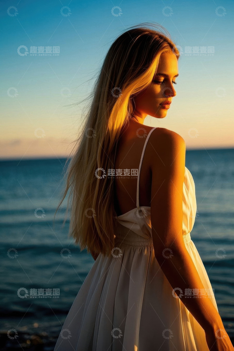 高清大图下载【趣麦麦图】傍晚海边女孩侧身白裙