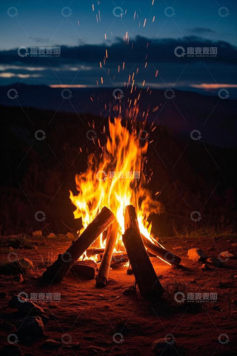 高清大图下载【趣麦麦图】户外燃烧的篝火夜景