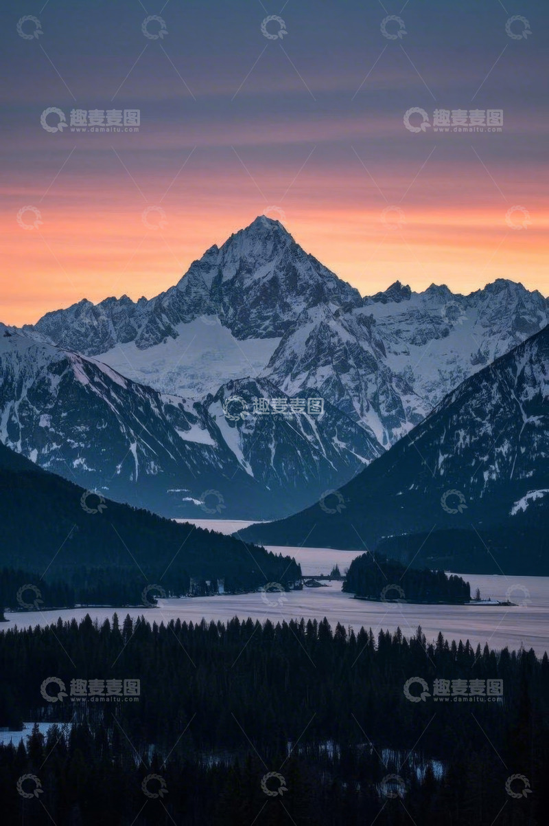 高清大图下载【趣麦麦图】雪山湖泊日落自然风光