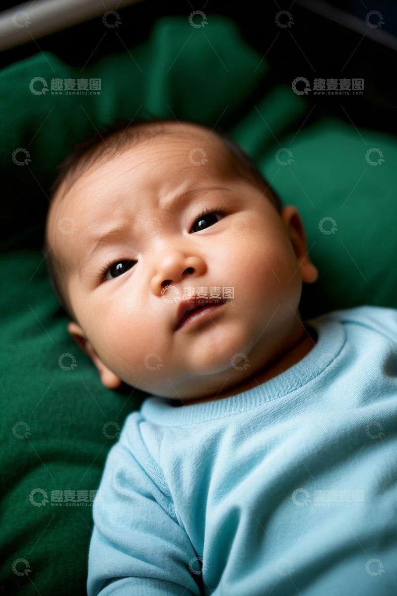 高清大图下载【趣麦麦图】可爱婴儿仰卧绿色软垫上
