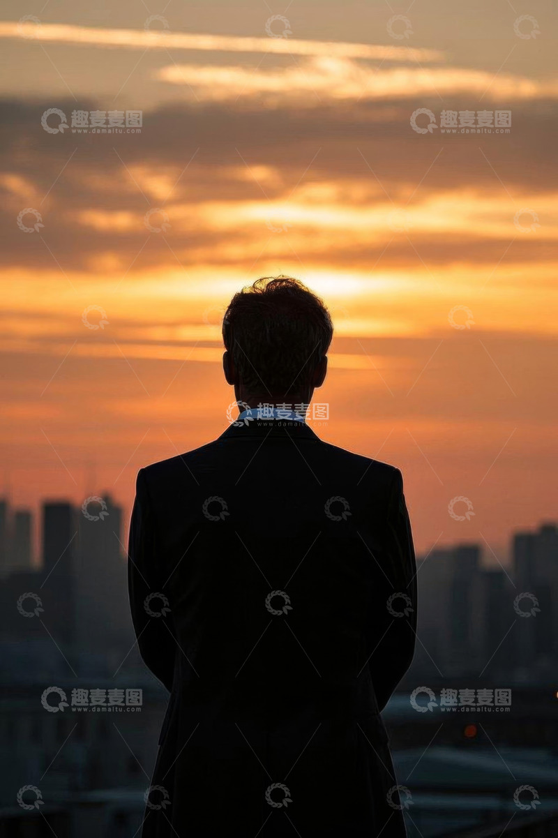 高清大图下载【趣麦麦图】西装男子眺望城市日落景象