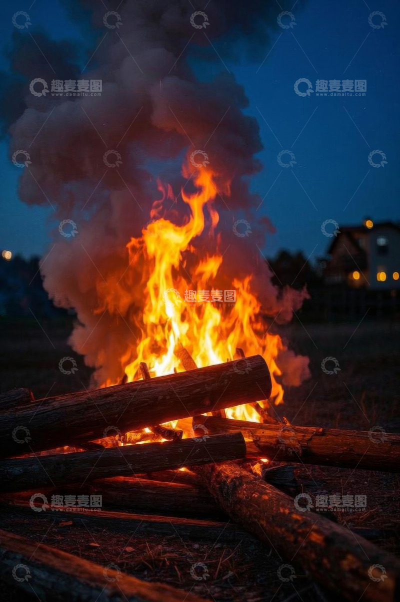 高清大图下载【趣麦麦图】夜晚户外熊熊燃烧的篝火