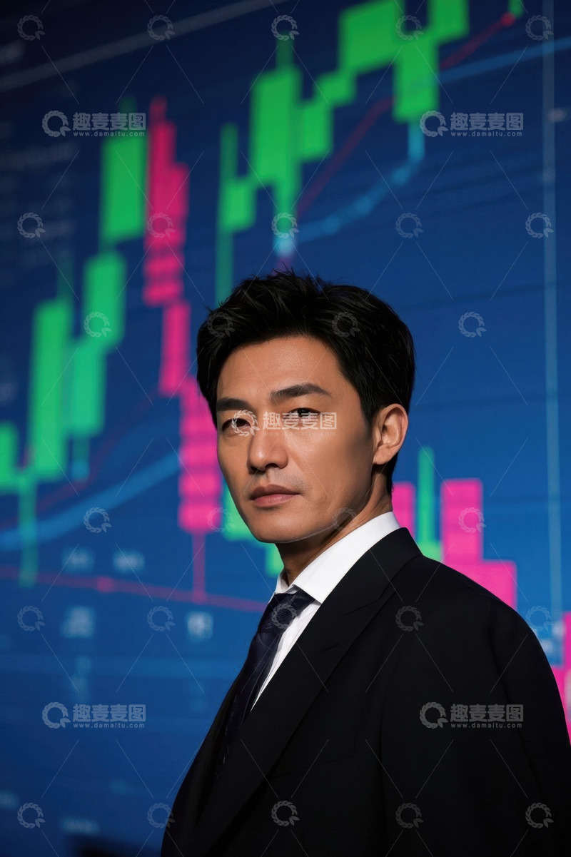 高清大图下载【趣麦麦图】西装革履男子凝视股市图表