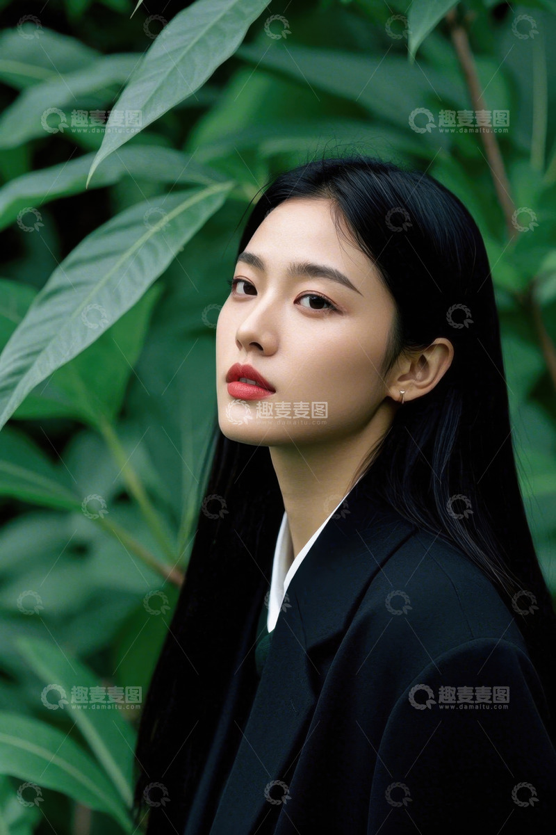 高清大图下载【趣麦麦图】绿叶丛中时尚女子侧颜照
