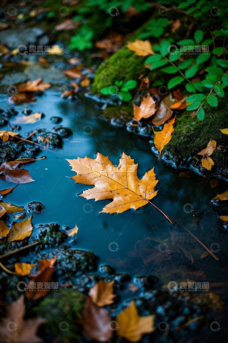 高清大图下载【趣麦麦图】秋季溪流中漂浮的落叶