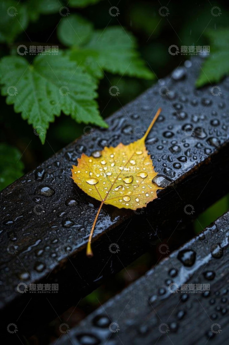 高清大图下载【趣麦麦图】木板上带水珠的黄色秋叶