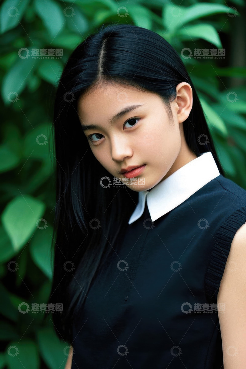 高清大图下载【趣麦麦图】绿叶背景下黑色衬衫女孩写真