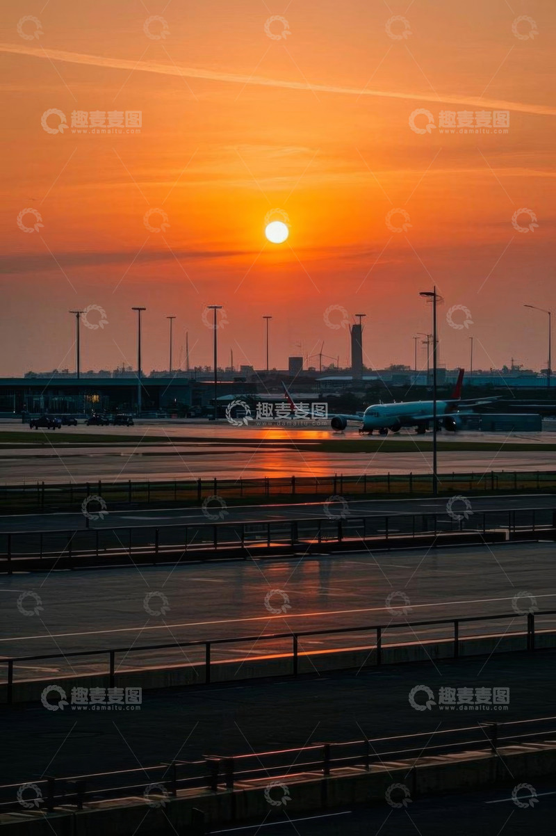 高清大图下载【趣麦麦图】机场日落时的飞机景观