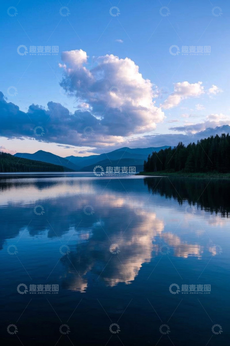 高清大图下载【趣麦麦图】宁静湖面与远处山峦及天空倒影