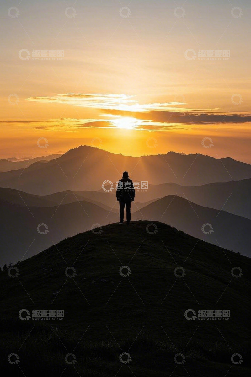 高清大图下载【趣麦麦图】山顶人物眺望日出景色