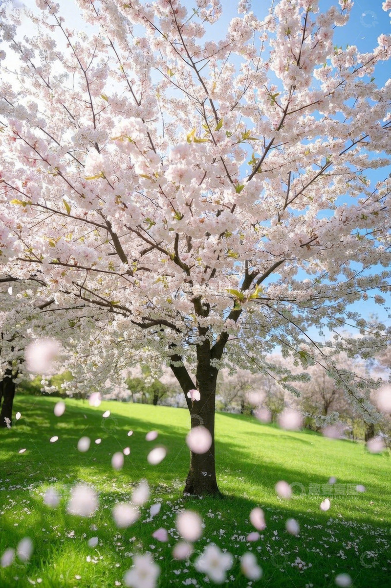 高清大图下载【趣麦麦图】盛开的樱花树与草地风景