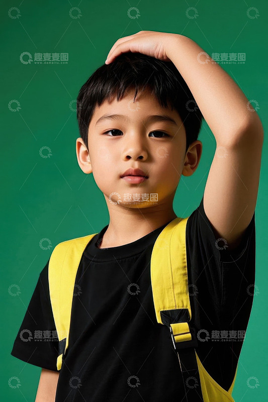 男孩戴着黄色书包摸头微笑