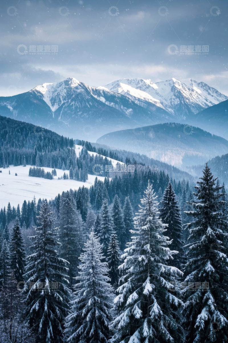 高清大图下载【趣麦麦图】雪山下的森林雪景