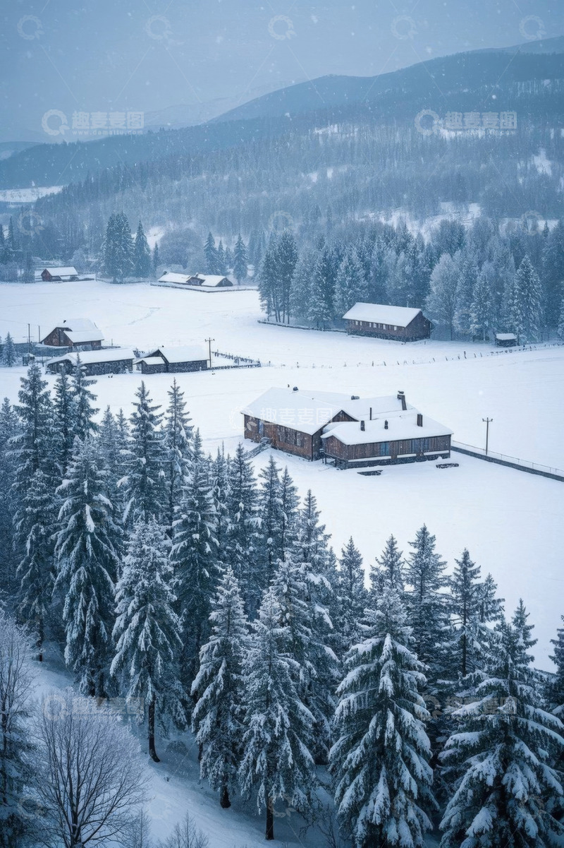 高清大图下载【趣麦麦图】雪覆盖的森林与木屋景观