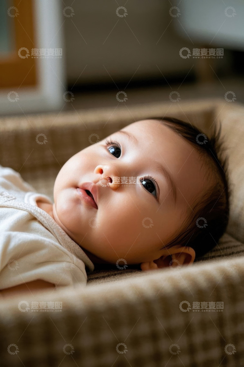 高清大图下载【趣麦麦图】婴儿仰卧床上安静地注视着前方