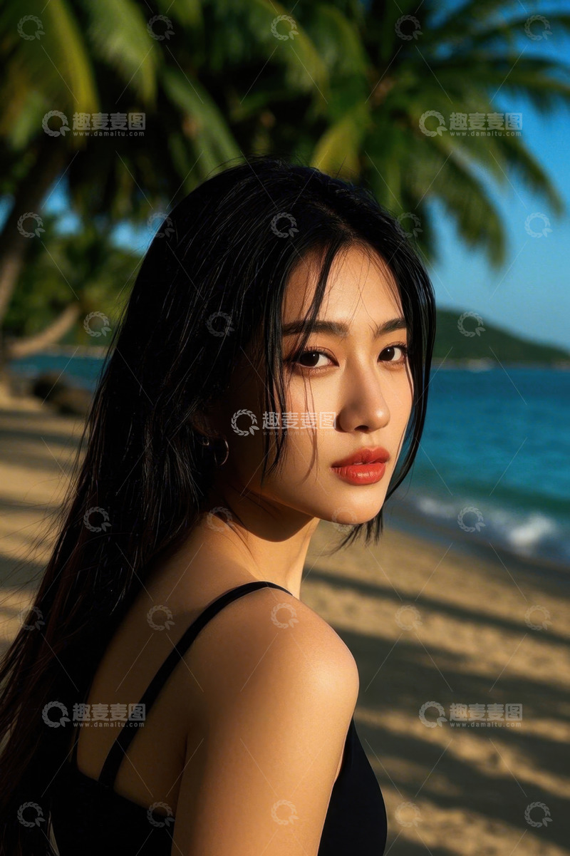 高清大图下载【趣麦麦图】阳光沙滩美女侧颜照