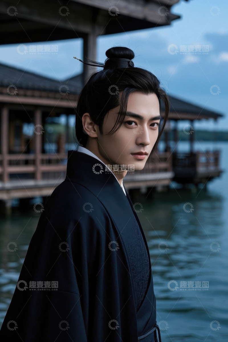 高清大图下载【趣麦麦图】古装男子湖边侧颜写真