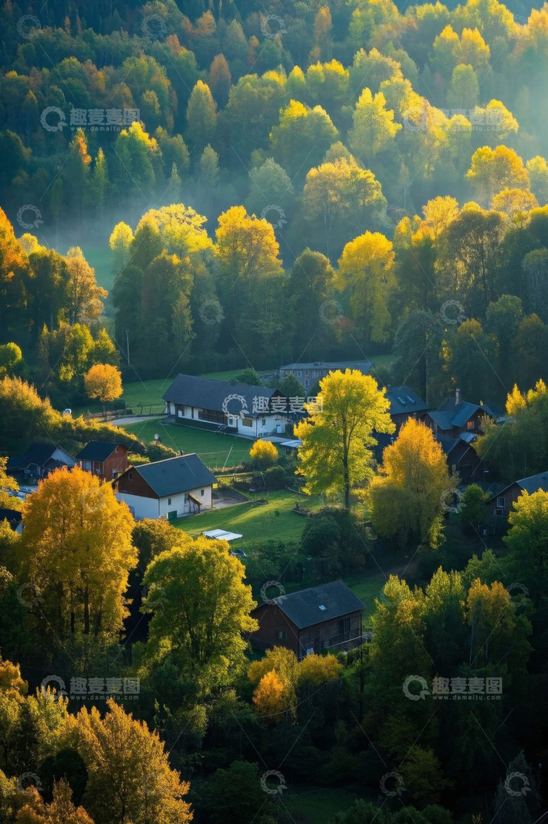 高清大图下载【趣麦麦图】山林间秋日村庄景色