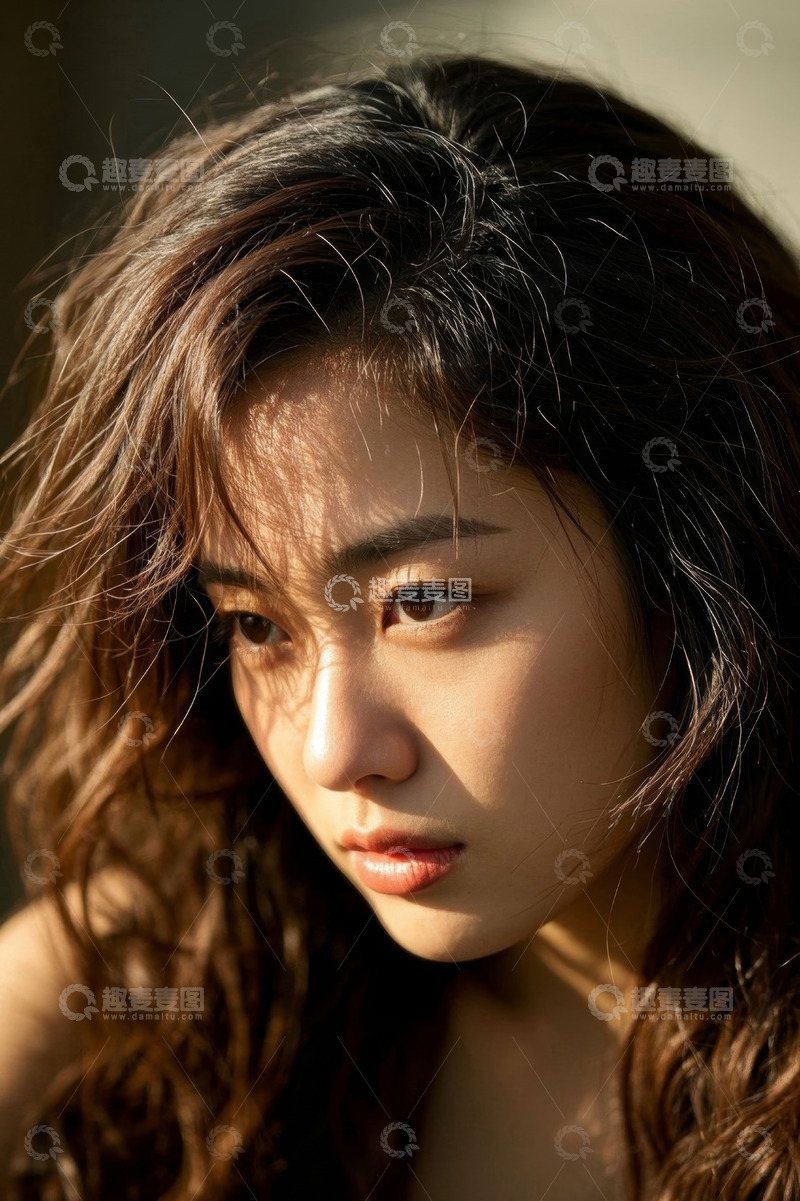 高清大图下载【趣麦麦图】阳光下的忧郁女孩侧脸特写