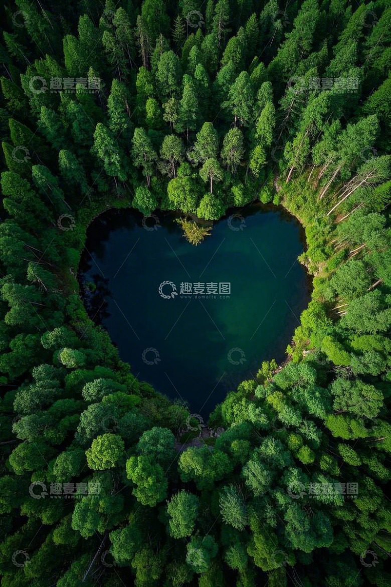 森林中心心形湖泊鸟瞰
