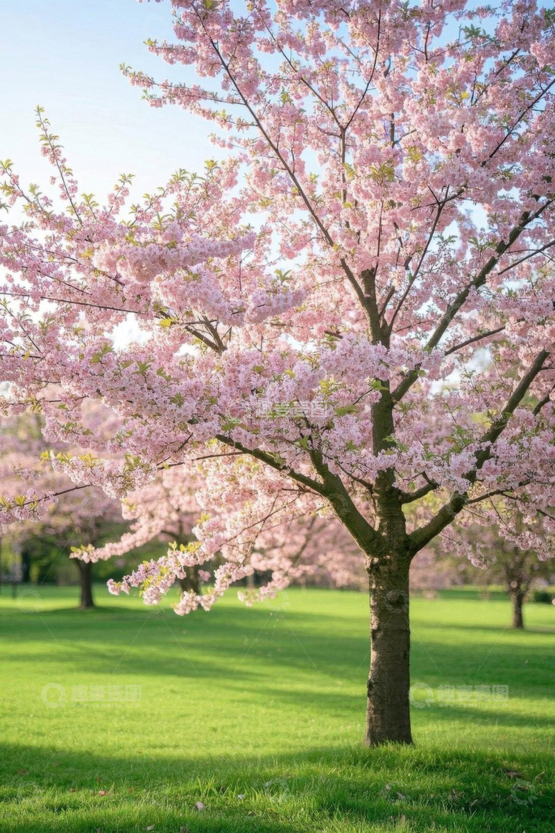 高清大图下载【趣麦麦图】盛开的樱花树与绿地景观