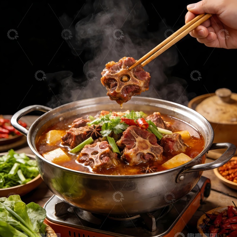 高清大图下载【趣麦麦图】牛尾火锅筷子举起一块牛尾