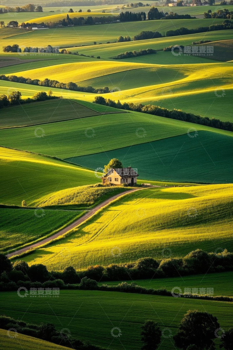 高清大图下载【趣麦麦图】田野间小屋田园风光全景