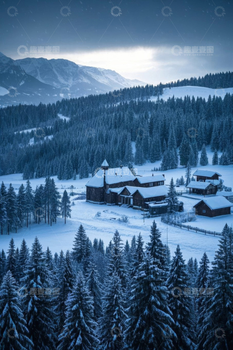 高清大图下载【趣麦麦图】雪中山林木屋景观