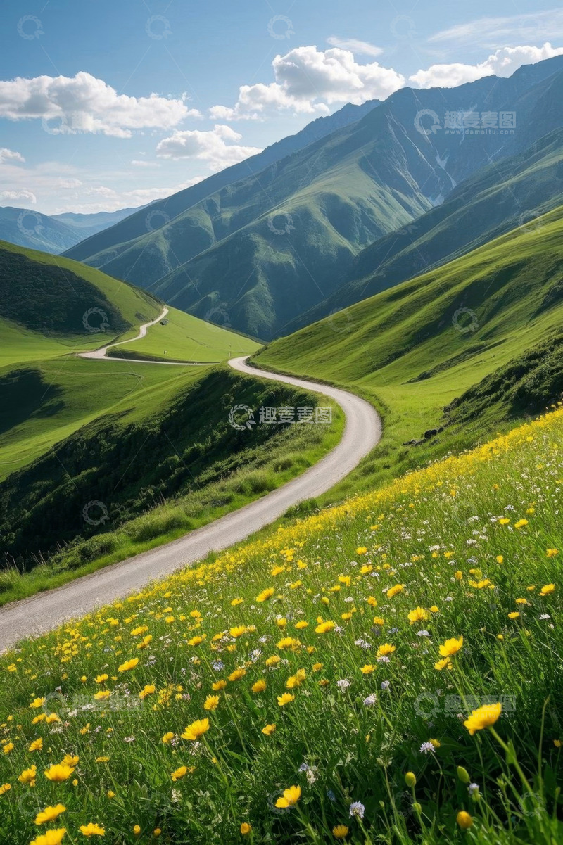 高清大图下载【趣麦麦图】山间蜿蜒公路与烂漫野花景观