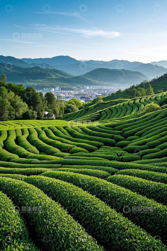 山坡上整齐的绿色茶园
