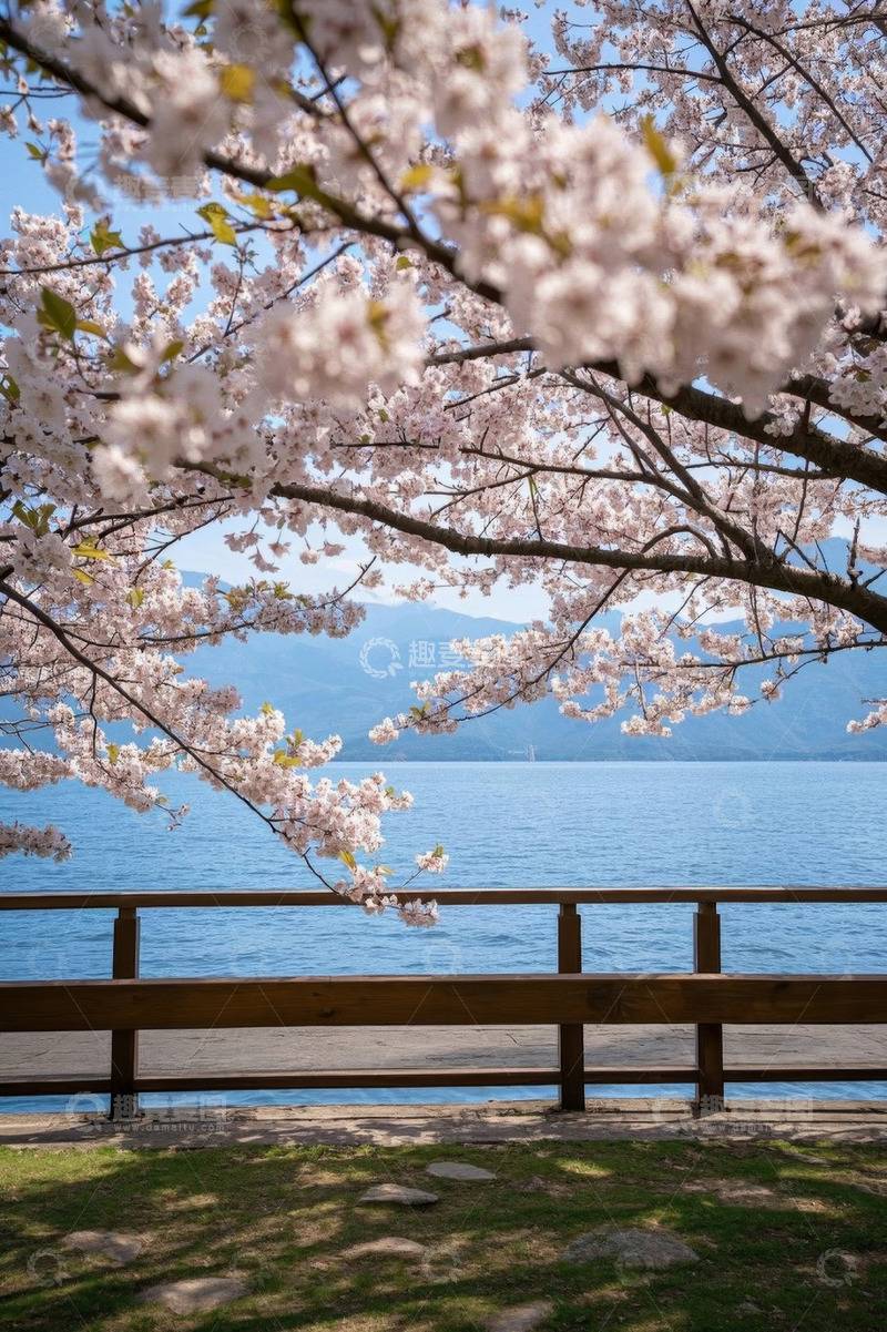 高清大图下载【趣麦麦图】湖边盛开的樱花树风景